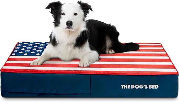 The Dog’s Bed Orthopedic Memory Foam Dog Bed, Large Blue & Red Trim USA Center Flag 40x25,Pain Relief for Arthritis, Hip & Elbow Dysplasia, Post Surgery, Supportive, Calming, Waterproof Washable
