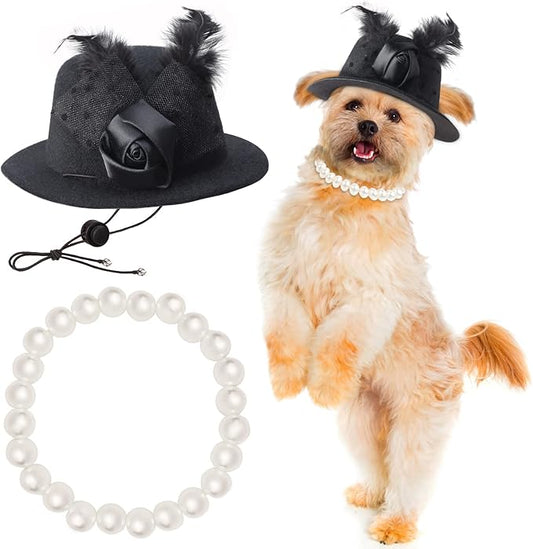 Yewong Formal Top Hat Fascinator Veil Kentucky Derby Hat with Pet Pearl Collar for Christmas Weeding Photo Props Party (Black)