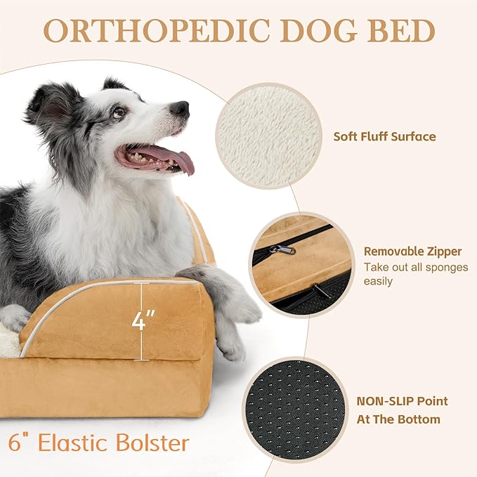 Comfort Expression Orthopedic Dog Bed for Large Dogs 38x25 Inch, Waterproof Supportive Egg Crate Foam Large Pet Bed with Removable Bolsters, Dog Couch with Washable Cover & Non-Slip Bottom, Caramel