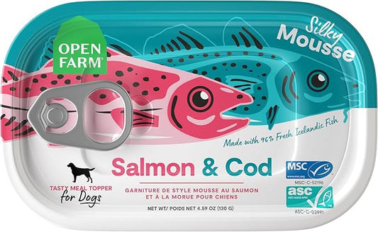 Open Farm, Canned Dog Food Topper, Silky Mousse Made with 96% Responsibly Sourced Icelandic Fish, Grain & Legume Free, Salmon & Cod Recipe, 4.59oz Cans (Pack of 12)