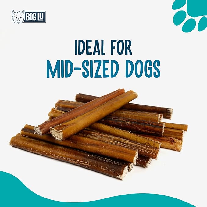 Big Lu - 6” Regular Bully Sticks, 12 Count, 100% Grass-Fed Beef Chews, Fully Digestible, Long-Lasting Treats for Aggressive Chewers, Natural Single-Ingredient Chews for Puppies and Small Dogs