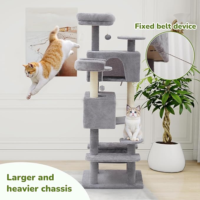 Cat Tree Tower with Large Hammock 54in Multi-Level Cozy Large Cat Tree with 2 Condo Top Perch Scratching Posts and Fun Cat Toys for Indoor Cats（Light Gray）