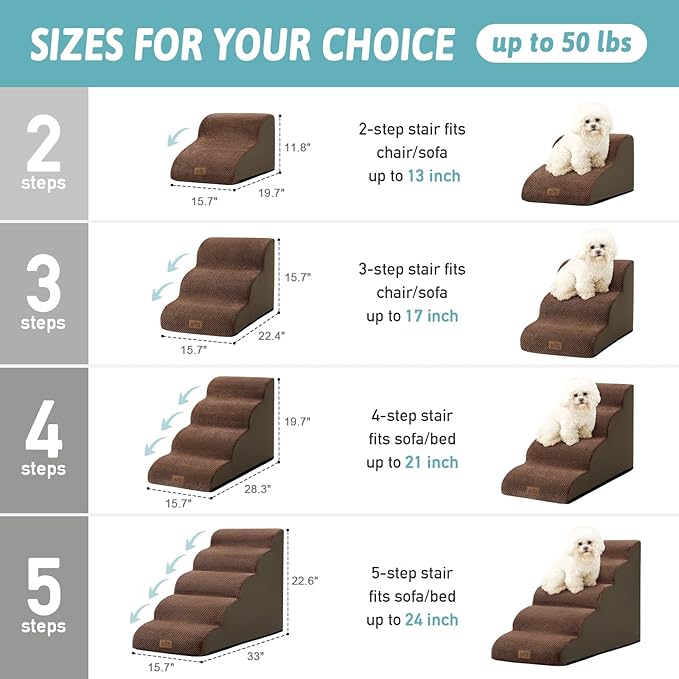 Dog Stairs for Small Dogs 15.7" H, Curved Dog Step for Puppy, Older Cat, Medium Pet Ramp for Sofa, Couch or Chair, Ladder with High Density Foam, 3 Step, 15.7x22.4x15.7 inch, Brown