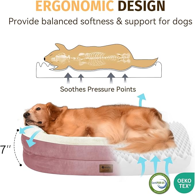 Orthopedic Waterproof Large Dog Bed: Memory FoamWashable Dog Bed with Bolsters - Removable Orthopedic Cover for Medium L XL Large Sized Pet - Non-Slip Bottom - Pink