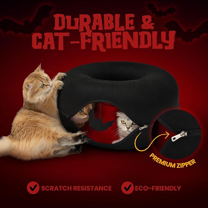 Cattasaurus Halloween Peekaboo Cat Cave for Multiple & Large Cats Up to 30-45 Lbs, Scratch Detachable & Washable Tunnel Bed, Comfy Donut Cat Cave (Gothic Bat, Large)