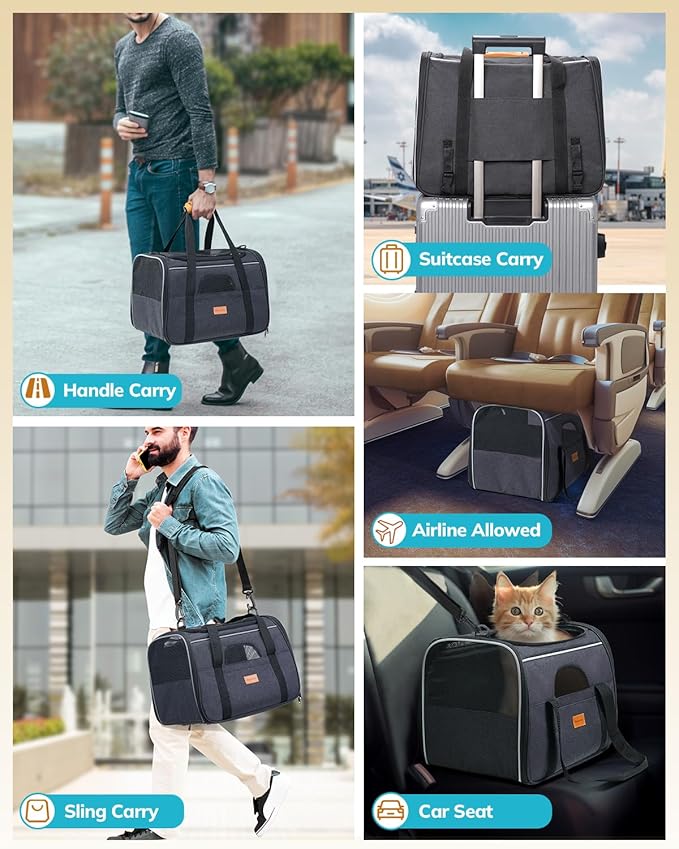 Morpilot Cat Carrier - Soft Sided Cat Carrier Large for Big Medium Cats and Puppy up to 18lbs, Pet Carrier with Safety Zippers, Foldable Bowl, Airline Approved Large Dog Carrier - Dark Gray