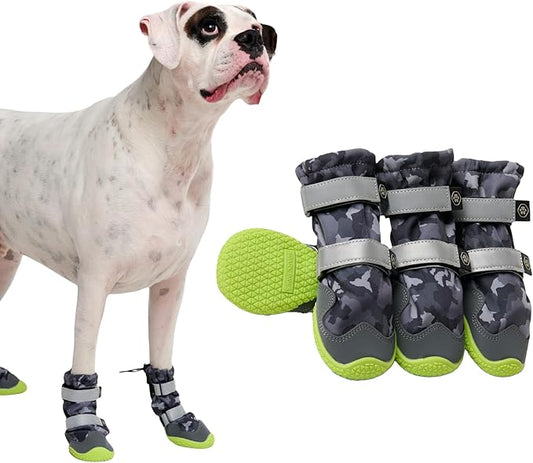 Spark Paws Dog Shoes, Waterproof Dog Boots for Medium to Large Dogs, Non Slip, Breathable Dog Booties and Paw Protectors - 4PCS Doggie Hiking Boots with Reflective Straps, Gray Camo, Size 7