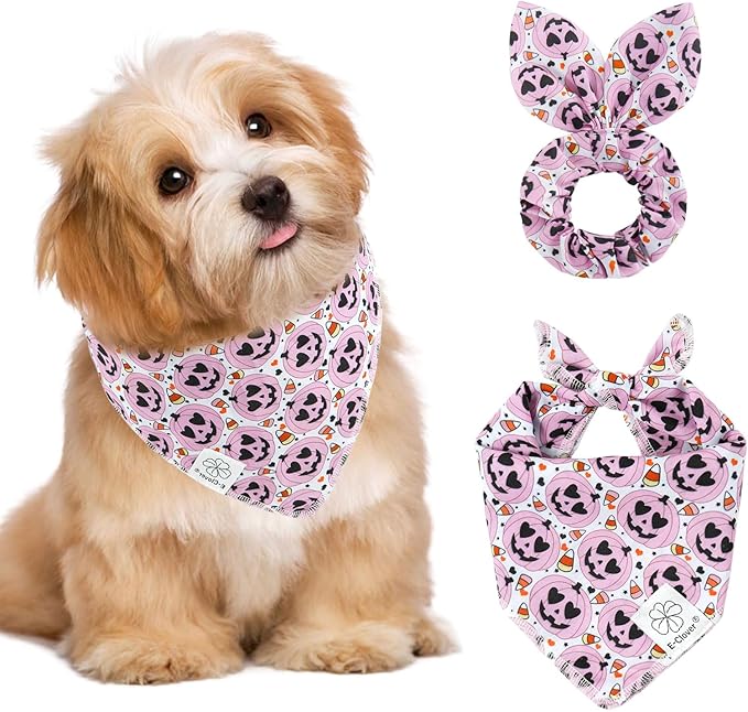 E-Clover Halloween Dog Bandanas & Matching Scrunchie Set Girl Cute Pink Pumpkin Dog Scarf Bibs Pet Bandana with Bow Tie for Small Dogs Puppy Owner Mom