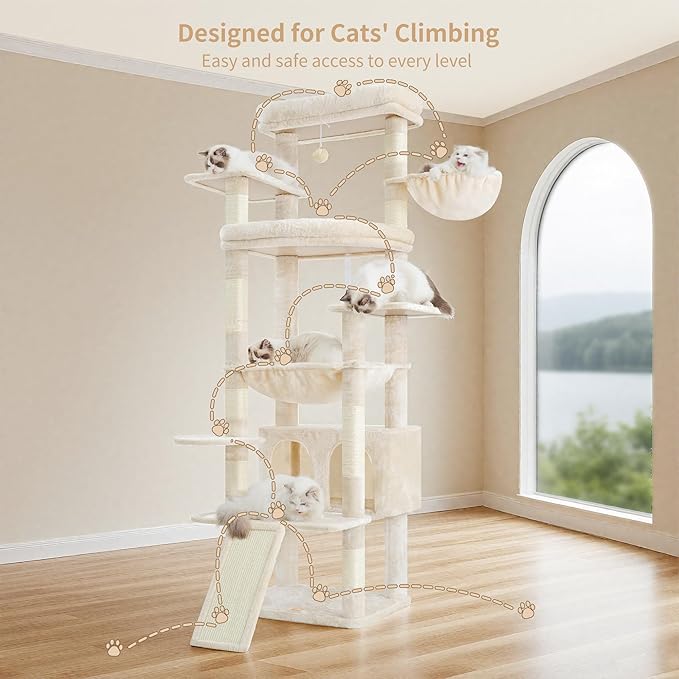 Heybly Tall Cat Tree for Large Cat, 80-inch Multi-Level Cat Tower for Indoor Cats with Large Baseboard, Condo Furniture with 2 Widened Plush Perches,Scratching Board and Big Caves, Beige HCT038M