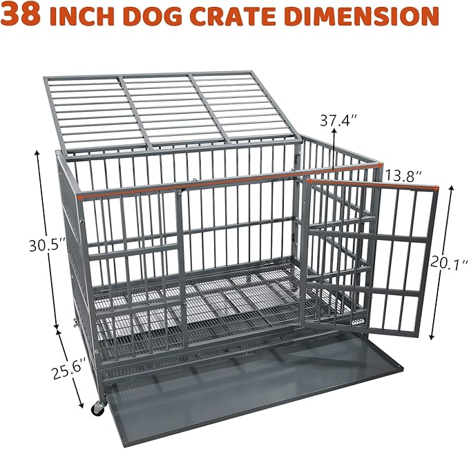 Otaid 38 inch Heavy Duty Indestructible Dog Crate, Escape Proof Dog Crate for High Anxiety Dogs, Dog Cage Kennel with Wheels, Sturdy Locks Design, Double Door and Removable Tray