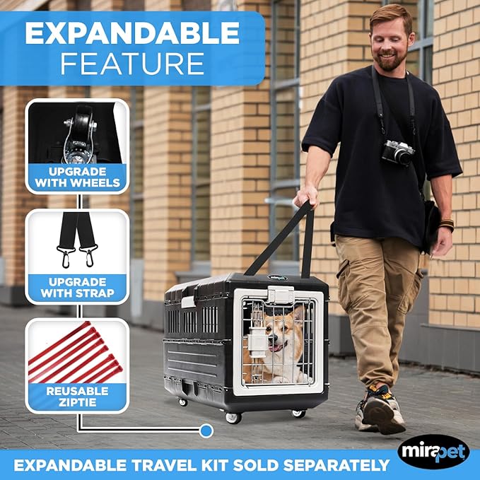 USA Pet Carrier & Crate 35" - Premium Collapsible Design for Medium Cats and Dogs - Portable Kennel for Indoor/Outdoor - 360° Ventilation & Hard Plastic Wall Protection (Gray Handle, Medium)