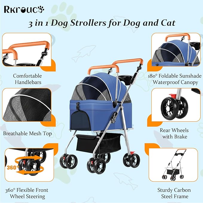 3 in 1 Dog Strollers 4 Wheels Folding Pet Stroller with Detachable Carrier Multifunction Portable Dogs Travel Carriers for Medium Small Puppy Kittens(Solid Blue)