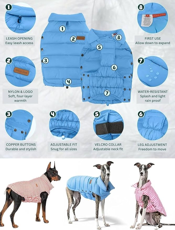 SPACE LION Puffer Jacket, Down Winter Coat, Durable Outdoor Coat for Cold and Windy Conditions, Waterproof, Windproof, Lightweight Jacket, Adjustable Fit for Small, Medium Dogs(Blue,M)