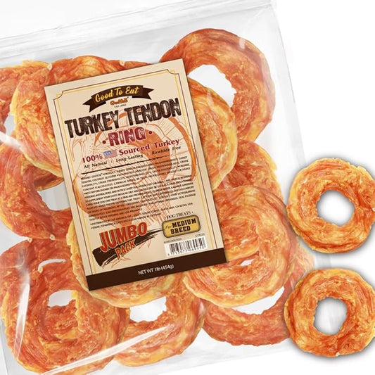 Gootoe Turkey Tendon Dog Treats, Ring (M) 1 lb, USA-Sourced Turkey Tendon, Natural Snack, Premium Puppy Chews, Hypoallergenic, Rawhide Free, Reseal Value Bag, Size for Medium Dogs