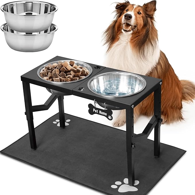 Elevated Dog Bowls, 4 Height Adjustable Metal Raised Bowl Stand with 2 Large 111 oz Stainless Steel Food Bowls & Spill-Proof Mat, Adjusts to 16.2'', 14.4'', 12.6'', 10.8'' for Large/Extra Large Breeds