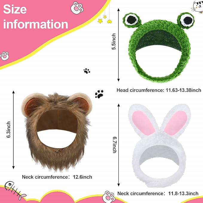 Xuniea 3 Pieces Cat Hat Costume Adjustable Pet Headwear Cat Bunny Hat with Rabbit Ears Kitten Dog Cosplay Cap for Kitten Halloween Party Birthday Theme Party Photo Prop (Basic Style)