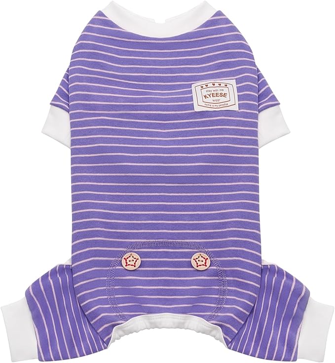 KYEESE Dog Pajamas Soft 4 Legs Doggie Jammies Striped Dog PJS Pet Jumpsuit Lightweight Puppy PJS Clothes Breathable Pajamas Stretchable Outfit Cozy Onesie Sleepwear for Summer,Purple Striped, Small