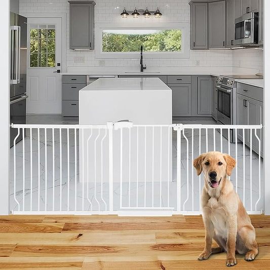 Extra Wide Baby Gate for Stairs Doorways with Door, 30" Tall 75.8-85" Wide Easy Install Dog Gate Indoor, Safety Metal Pressure Mounted Pet Gate with Walk-Thru Auto Close for The House, White