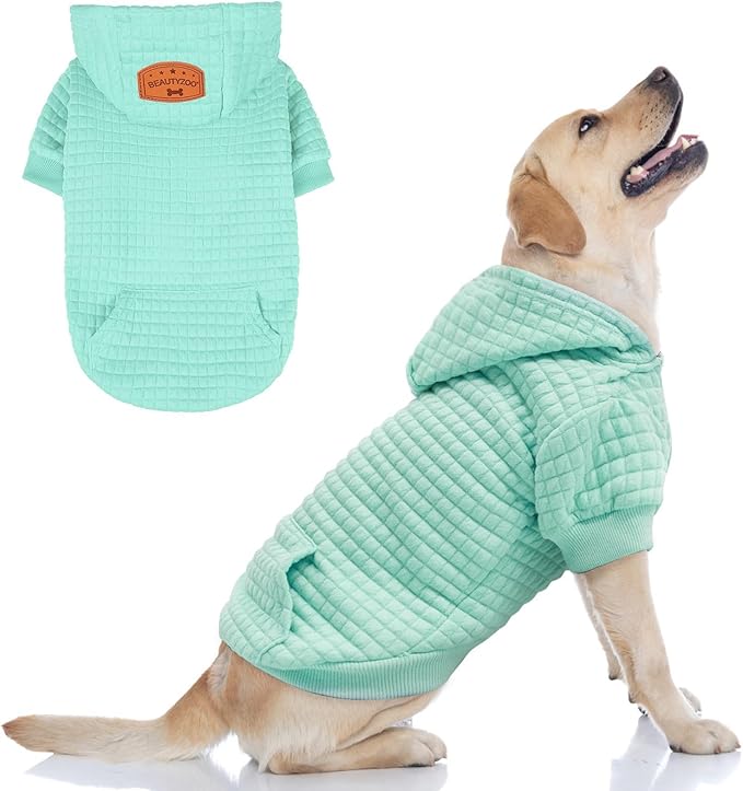 BEAUTYZOO Small Dog Hoodie Sweater with Pockets, Dog Clothes for Small Medium Dogs Boy Girl, Waffle-Like Laminated Cotton Pet Coats with Hat and Leash Hole, Mint Green ML