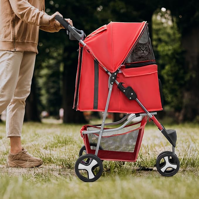 Magshion 3-Wheel Pet Stroller, Foldable Travel Jogger for Small & Medium Dogs & Cats (Up to 33lbs), Lightweight Carrier with Breathable Mesh Cover, Cup Holder & Storage Basket, Red