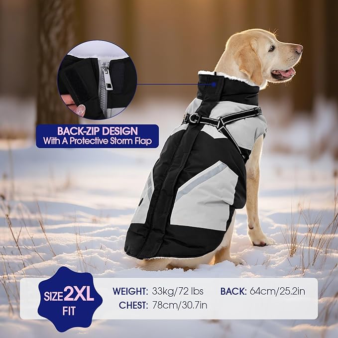 FUAMEY Dog Winter Jackets for Small Dogs,Dog Coat with Harness Built in,Waterproof Dogs Snowsuits Warm Pet Jacket Zip Up Fleece Cold Weather Coats Reflective Puppy Vest with Pocket Black XS