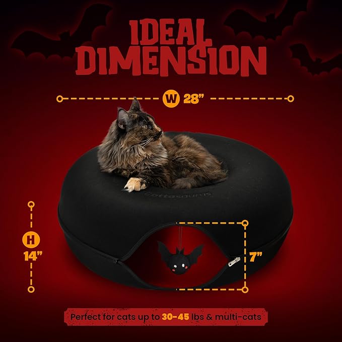 Cattasaurus Halloween Peekaboo Cat Cave, Extra Spacious for Multiple & Large Cats 15+ lbs, Scratch Detachable Cat Beds for Indoor Cats, Washable Tunnel Bed, Comfy Cat Donut Tunnel (Gothic Bat, Jumbo)