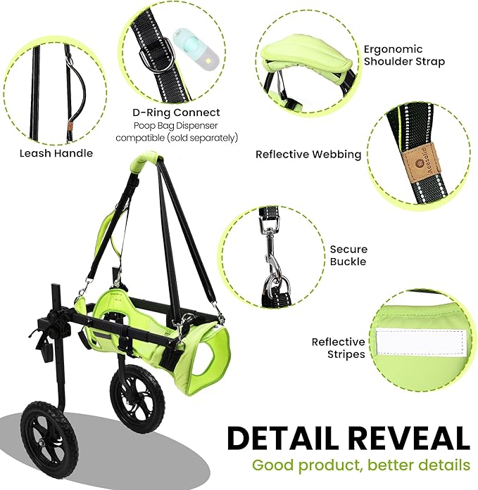 Dog Wheelchair for Back Legs - Lightweight Mobility Cart for Large Breed Dogs with Disabled, Injured, or Arthritic Hind Legs - Includes High-Visibility Vest, Leash & Sling Lift (XXL)