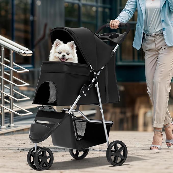 Magshion 3-Wheel Pet Stroller, Foldable Travel Jogger for Small & Medium Dogs & Cats (Up to 33lbs), Lightweight Carrier with Breathable Mesh Cover, Cup Holder & Storage Basket, Black