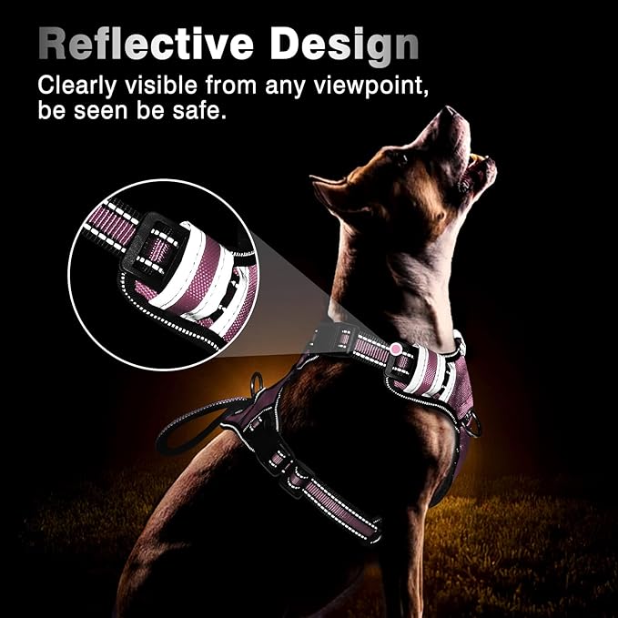 WINSEE Large Pink Service Dog Harness with 7 Patches, No Pull Reflective Dog Vest for Training, Mesh Soft Padded Handle, Adjustable Fit for Dogs 50-80 lbs.