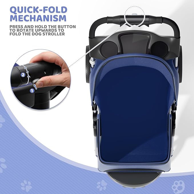Magshion 3-Wheel Pet Stroller, Foldable Travel Jogger for Small & Medium Dogs & Cats (Up to 33lbs), Lightweight Carrier with Breathable Mesh Cover, Cup Holder & Storage Basket, Navy Blue