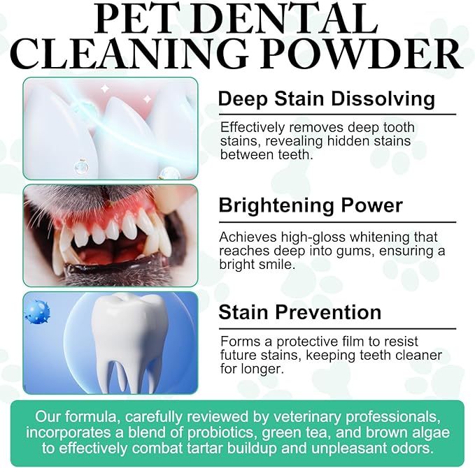 Dog Dental Powder,Pet Dental Powder,Teeth Cleaning Powder for Dogs,Dental Powder for Dogs,Plaque & Bad Breath Off Powder Dog, Dental Care Supplies for Small, Medium, Large Dogs 100g
