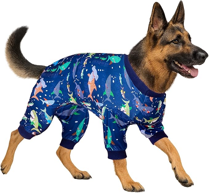 LovinPet Dog Sweatshirt, PjS for Surgery Recovery, Ocean Blue Shark Print, Large Dog Pjs, Lightweight Uv Protection Shirt,Easy to Wear Dog Jumpsuit, Medium,3XL