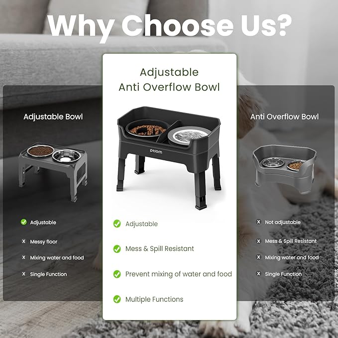 4-in-1 Elevated Slow Feeder Dog Bowls, 4 Height Adjustable Mess Proof Raised Dog Bowl Stand with No Spill Water Bowl, Stainless Steel Doggy Food Dish & Slow Feeder for Large Medium Small Pets