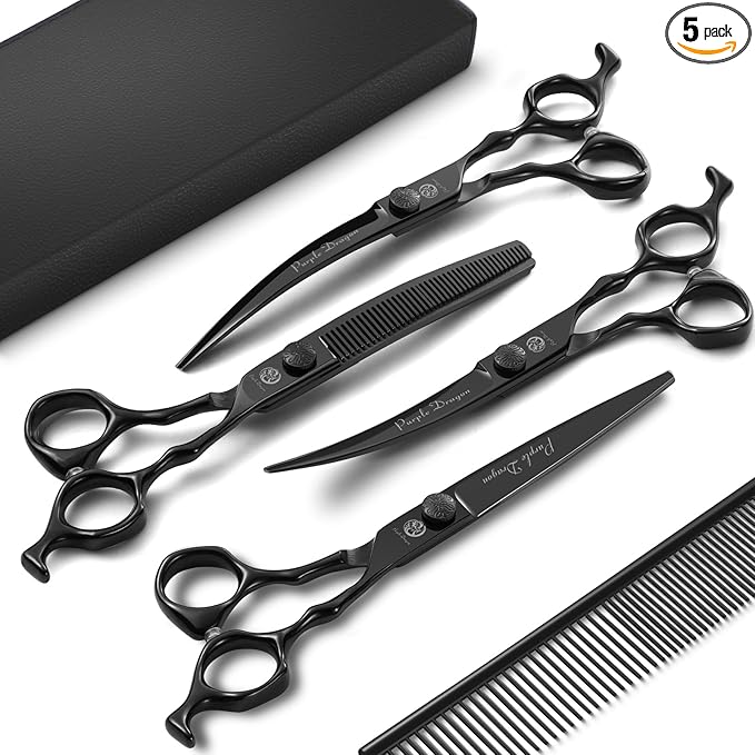 Purple Dragon Dog Grooming Scissors Set - Curved Thinning, Straight, Up & Down Curved Scissors and Comb, 7 Inch Black Shears with Adjustable Screw for Dogs and Cats