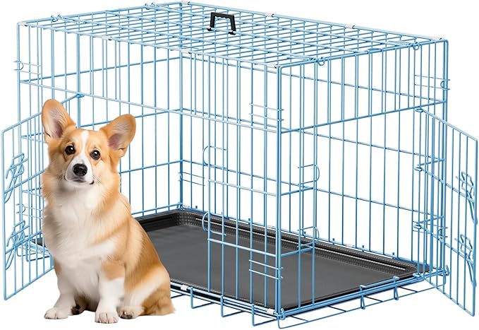 FDW 30inch Dog Crate Pet Cage with Metal Folding Design Plastic Tray Indoor Outdoor Dog Kennel Cage for Small and Medium Dogs,Blue