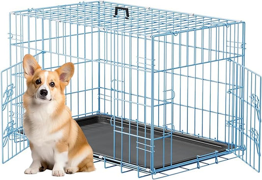 FDW 30inch Dog Crate Pet Cage with Metal Folding Design Plastic Tray Indoor Outdoor Dog Kennel Cage for Small and Medium Dogs,Blue