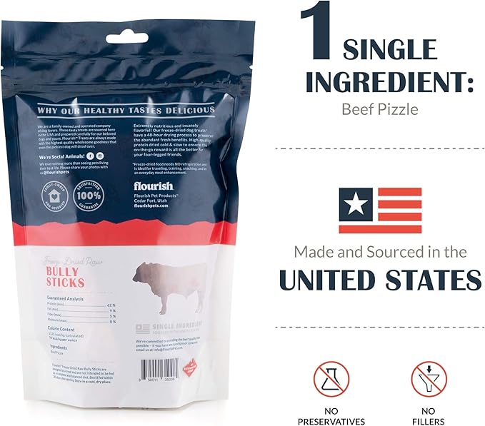 Freeze-Dried Raw Pet Treats for Dogs, Bully Sticks (5 Count)