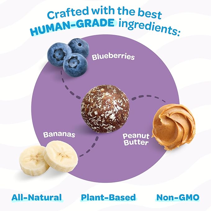 Peanut Butter, Banana, & Blueberry Dog Treats - All- Natural Treat Ball for Dogs - Grain Free, Gluten Free, Non-GMO, Clean & Nutritious, Plant Based Vegan Ingredients - 18pk