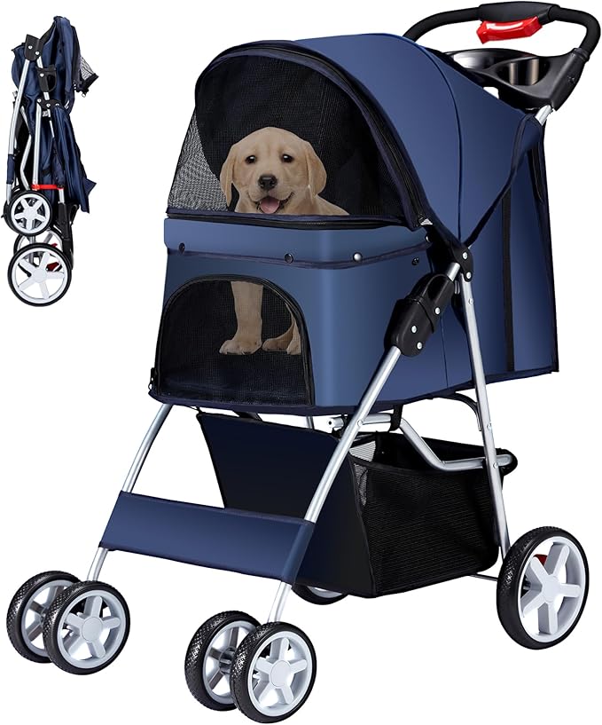 Pet Stroller, 4 Wheels Pet Strolling Cart for Medium/Small Dogs and Cats, Foldable Cat Jogger/Dog Stroller with Cup Holder, Storage Basket, Breathable Mesh, All-Season Pet Carrier, Navy Blue