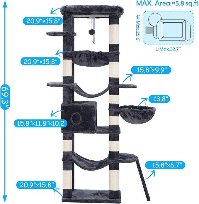 Hey-brother Cat Tree, 69.3-Inches Multi-Level Plush Cat Tower for Indoor Cats with Large Top Perch, Extra Spacious Hammock, 2 Hammocks Ramp, Hanging Ball, Smoky Gray MPJ037G