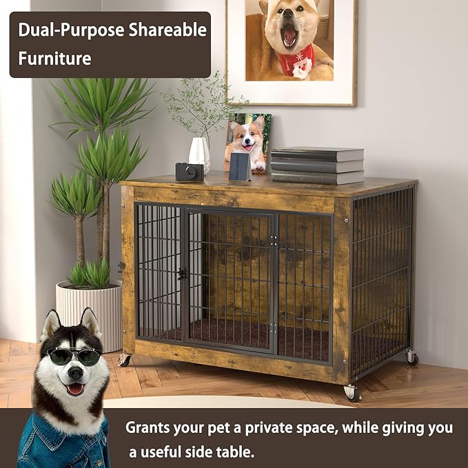 Dog Crate Furniture with Cushion,32" Wooden Dog Crate nightstand with Double Doors, Brown Kennel Indoor with Wheels, Decorative Pet House for Small Medium