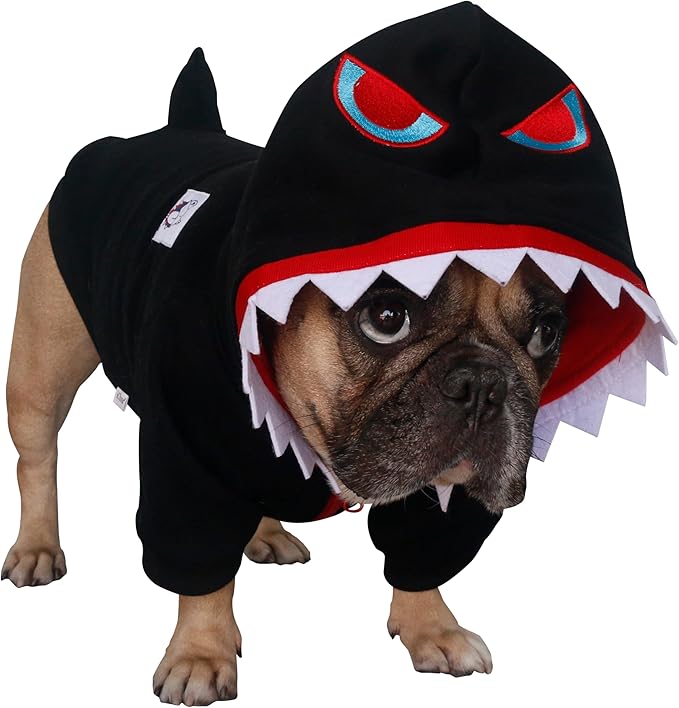 iChoue English Bulldog Shark Halloween Costumes Clothes Hoodies for Medium Dogs Cold Weather Winter Coats French Frenchie Pug Pitbull Boston Terrier - Black, XLarge