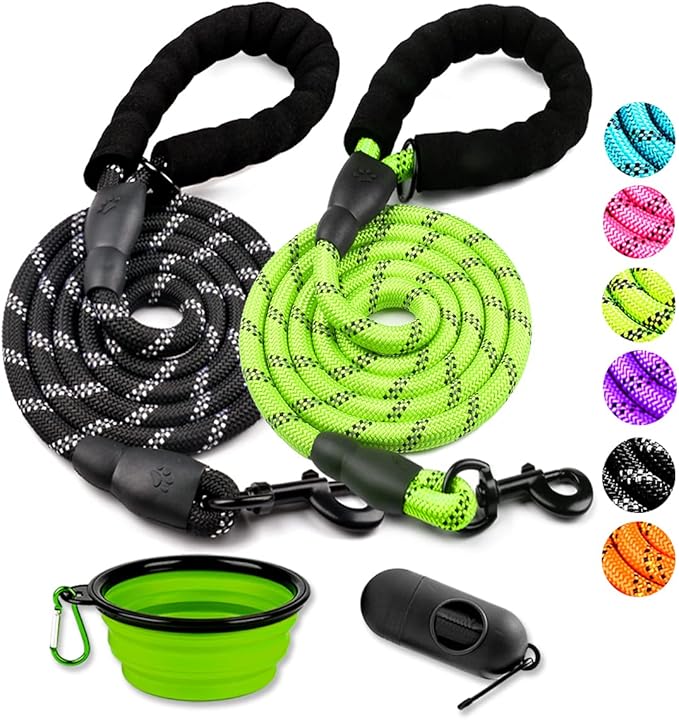 COOYOO 2 Pack Dog Leash 5 FT Heavy Duty - Comfortable Padded Handle - Reflective Dog Leash for Medium Large Dogs with Collapsible Pet Bowl