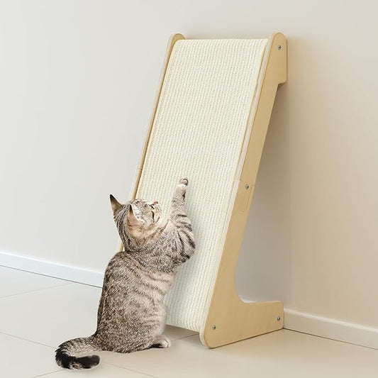 PETKARAY L Shape Cat Scratcher, Sisal Kitty Scratching Ramp, Vertical Scratch Pad for Indoor Cats, 25.3" Furniture Protector with Catnip, White
