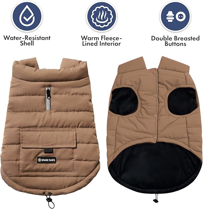 Spark Paws Dog Winter Jacket, Water-Resistant Coat, Warm Reflective Windproof Fleece-Interior, for Medium and Large Dogs - Tan - S