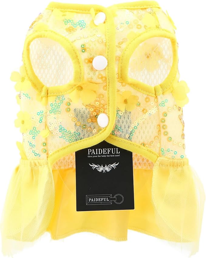 Dog Dress,Luxury Bow Princess Tutu Dresses for Girl Dogs Cute Fashion Mesh Pet Skirt with Sequins Flower Cat Puppy Clothes Wedding Party Outfits Chihuahua Apparel Button up D-Ring,Yellow,L