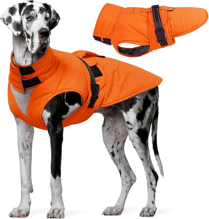 Extra Large Dog Coat, Warm Dog Winter Jacket, Waterproof Dogs Snowsuit with Foldable High Collar, Reflective Strips, Adjustable Hook & Loop Closure - Ideal for Cold Weather - Orange 4XL