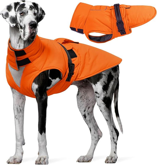 Extra Large Dog Coat, Warm Dog Winter Jacket, Waterproof Dogs Snowsuit with Foldable High Collar, Reflective Strips, Adjustable Hook & Loop Closure - Ideal for Cold Weather - Orange 5XL