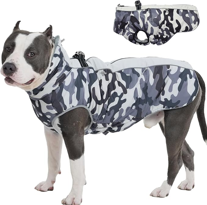 Dog Coat Dog Winter Jacke- XX Large, Warm Dog Coat Zip Up Snowsuit Dog Harness Vest Reflective Water-Resistant Dog Coat Dog Snow Jacket for Large Dogs Border Collie, Pit Bull, Grey-Camouflage