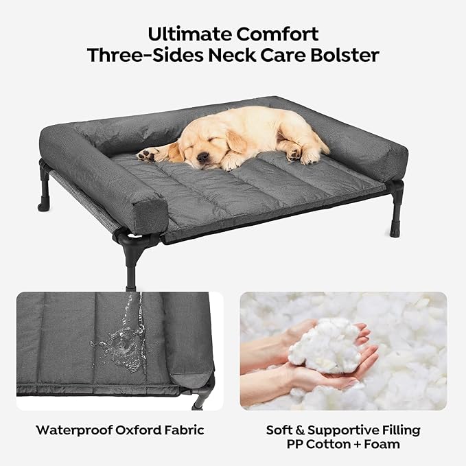 Veehoo Cooling Elevated Dog Bed Add Removable Waterproof Bolster Cushion Mat, Raised Pet Cot with Breathable Teslin Mesh, No-Slip Feet, Dog Sofa Bed for Indoor Outdoor, Medium, Black Silver
